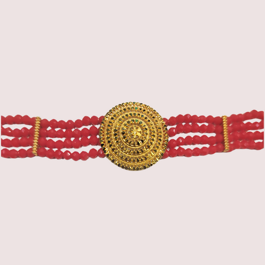 Bold Elegance Red Beaded Necklace with Ornate Gold Medallion